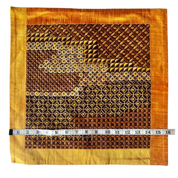 Handcrafted Shrujan Raw Silk Embroidered Cushion Covers 16"x16" Gold Pair NWT - Picture 8 of 16